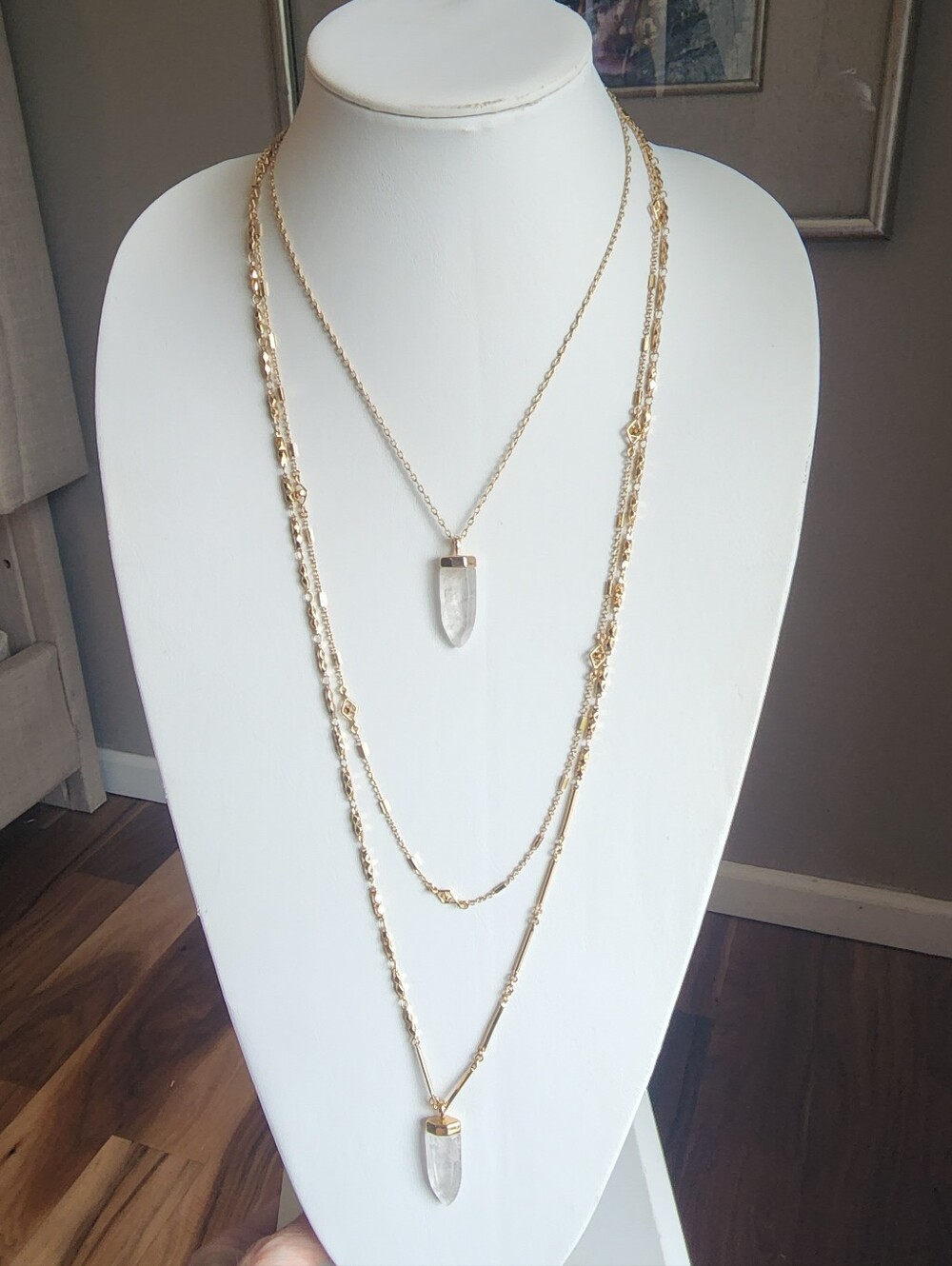 Stella & Dot Aria 3-in-1 Necklace- Gold multistrand Clear Quartz Crystal Stones